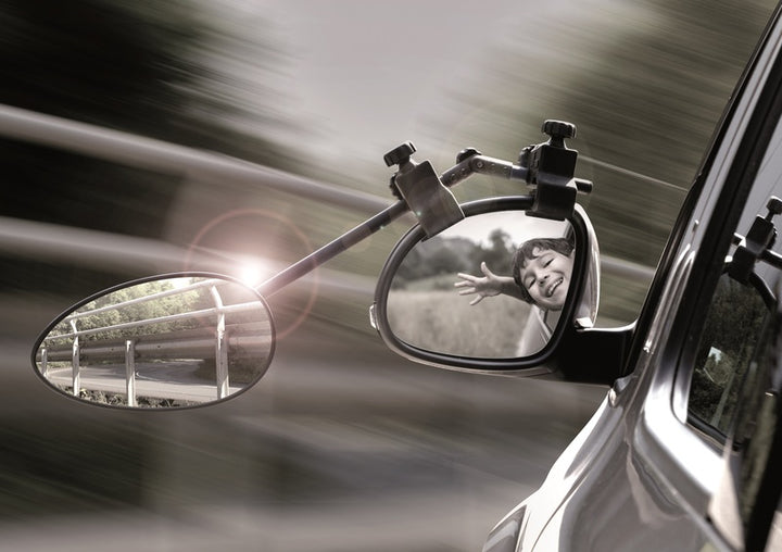 Caravan mirror, clip on mirror, with flat glass