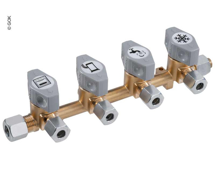 4-way quick shut-off valve for 10 mm inlet and 8 mm outlet