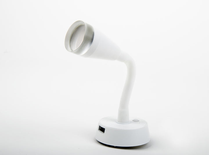 LED spot with flexible arm and USB charging socket