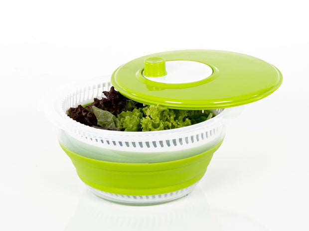 foldable salad spinner, lime/white, also strainer & bowl, with lid